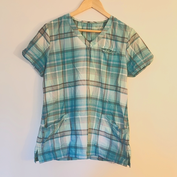 Blue Aqua Plaid Scrub Top - Picture 1 of 2